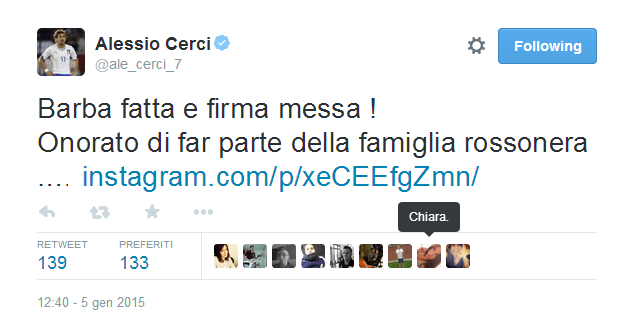 Cerci su Twitter: “Onorato di far parte del Milan” article-post