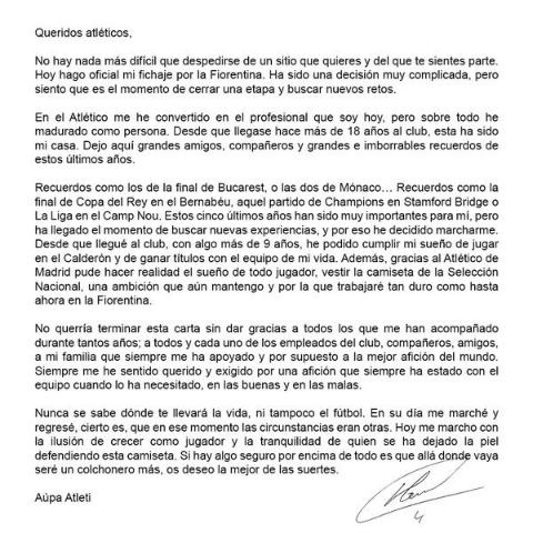 Mario Suarez, la lettera d’addio all’Atletico Madrid article-post