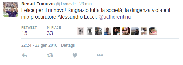 Tomovic su Twitter: “Felice per il rinnovo” preview