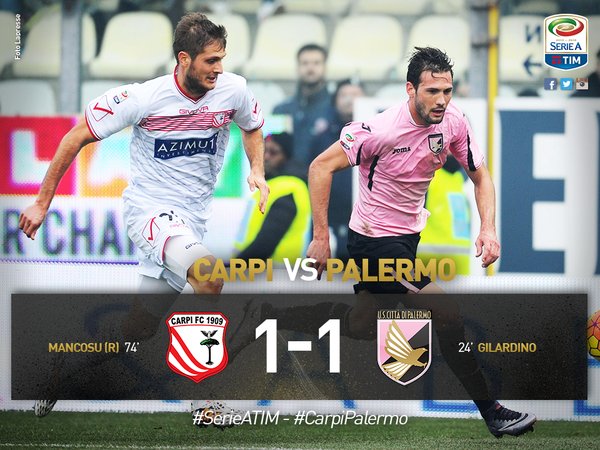 Serie A: Carpi-Palermo 1-1, Mancosu risponde a Gilardino preview