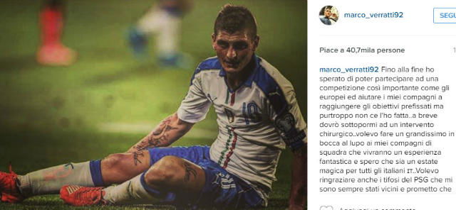 Verratti: “Ho sperato fino alla fine di giocare gli Europei. Tornerò più forte” preview