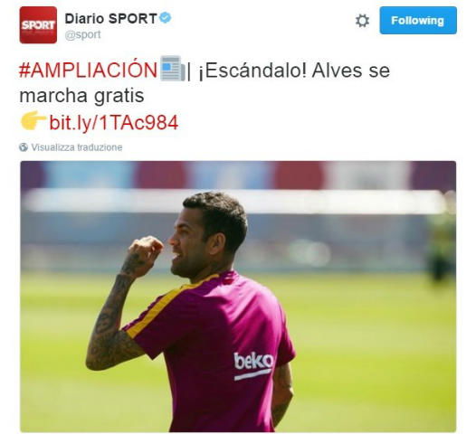 Sport attacca: “Dani Alves-Juve a zero, scandaloso!” preview
