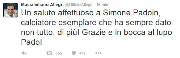 Allegri saluta Padoin: “Calciatore esemplare, in bocca al lupo” preview