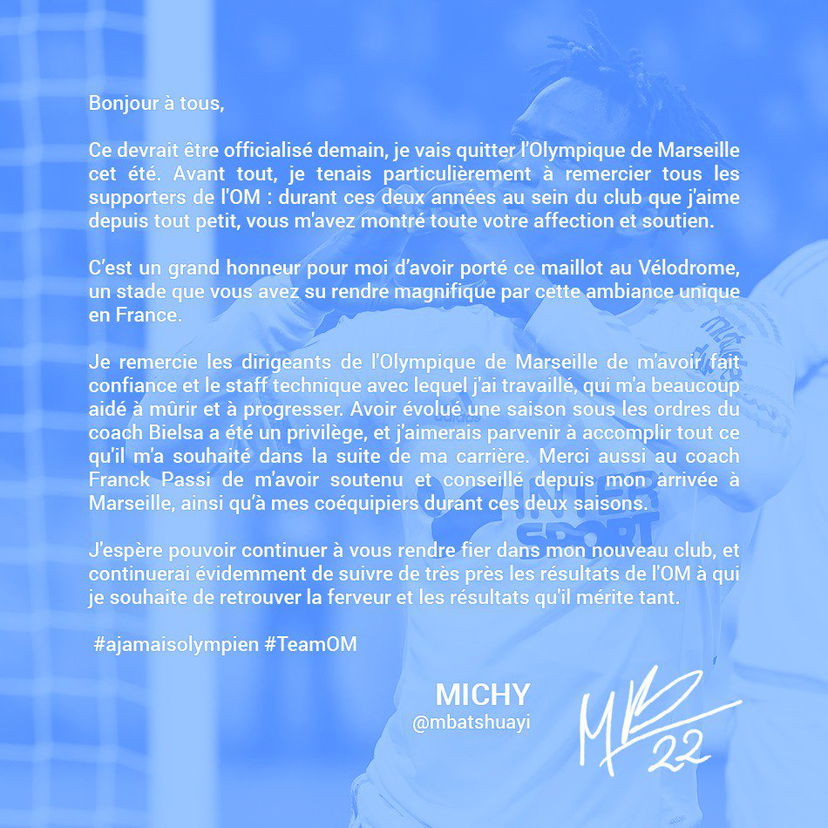 Batshuayi-Chelsea, domani l’ufficialità. Il belga saluta i tifosi dell’OM su Twitter preview