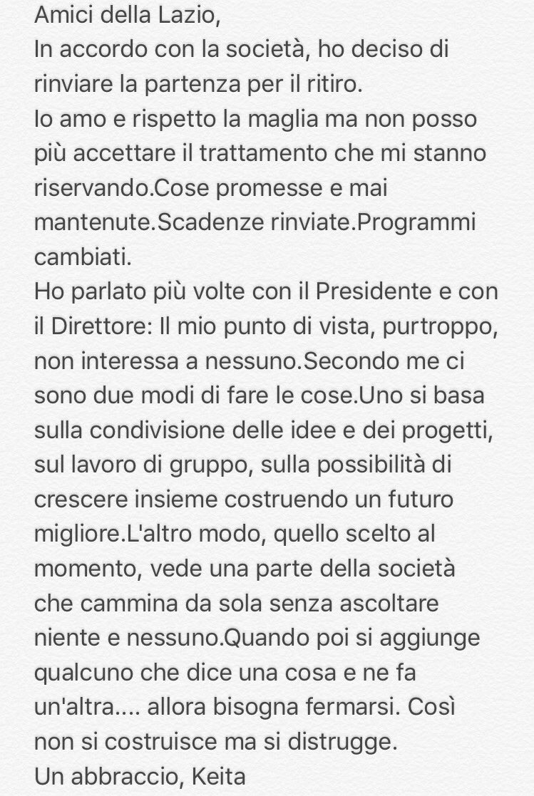 Lazio, la lettera di Keita ai tifosi: “Amo questa maglia, ma la società non mantiene le promesse” article-post
