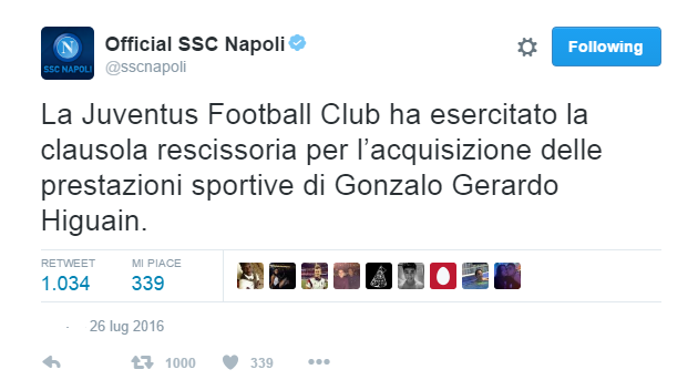 Higuain-Juve, ecco il tweet del Napoli article-post
