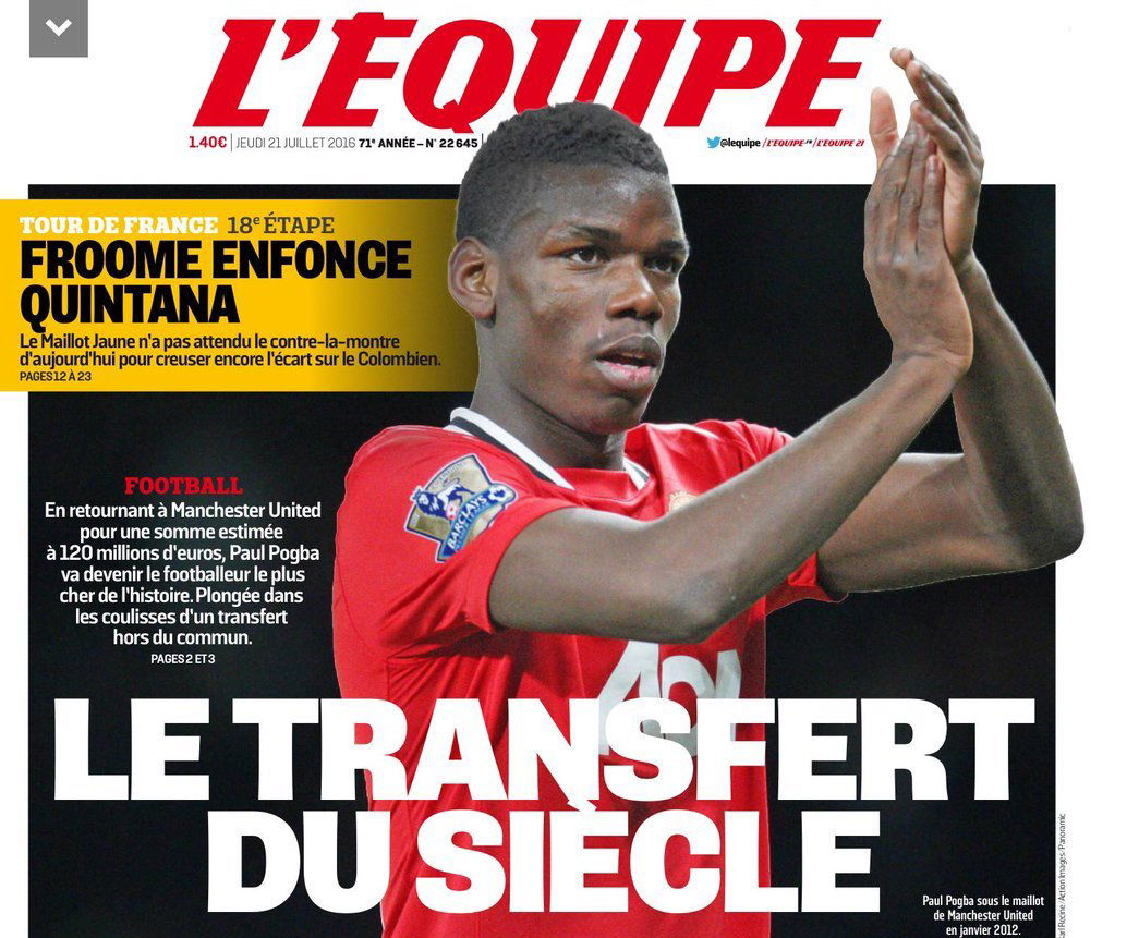 Pogba-United, L’Equipe titola: “Il trasferimento del secolo” article-post