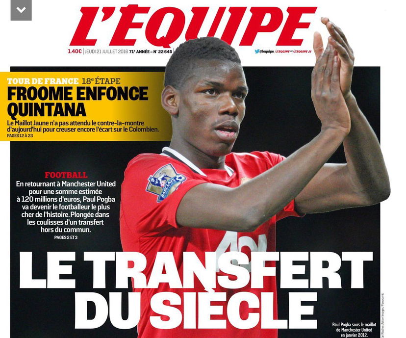 Pogba-United, L’Equipe titola: “Il trasferimento del secolo” preview