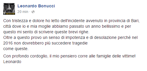 Tragedia ferroviaria in Puglia, il cordoglio di Bonucci: “Provo un senso di impotenza” preview