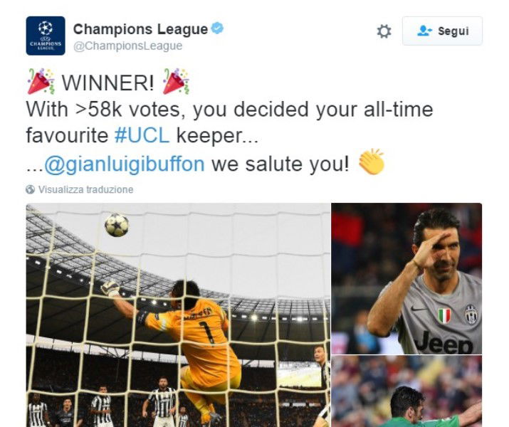 Buffon eletto su Twitter miglior portiere della storia della Champions preview