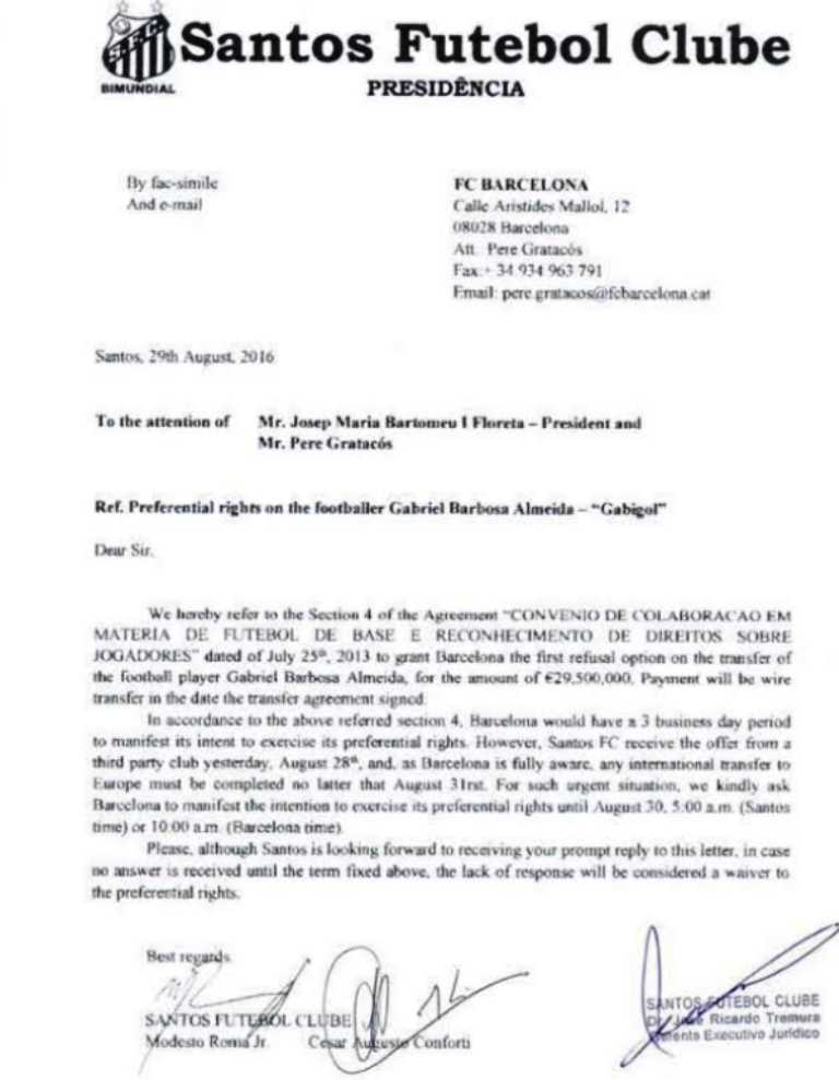 Querelle Santos-Barcellona per Gabigol: ecco il documento ufficiale article-post