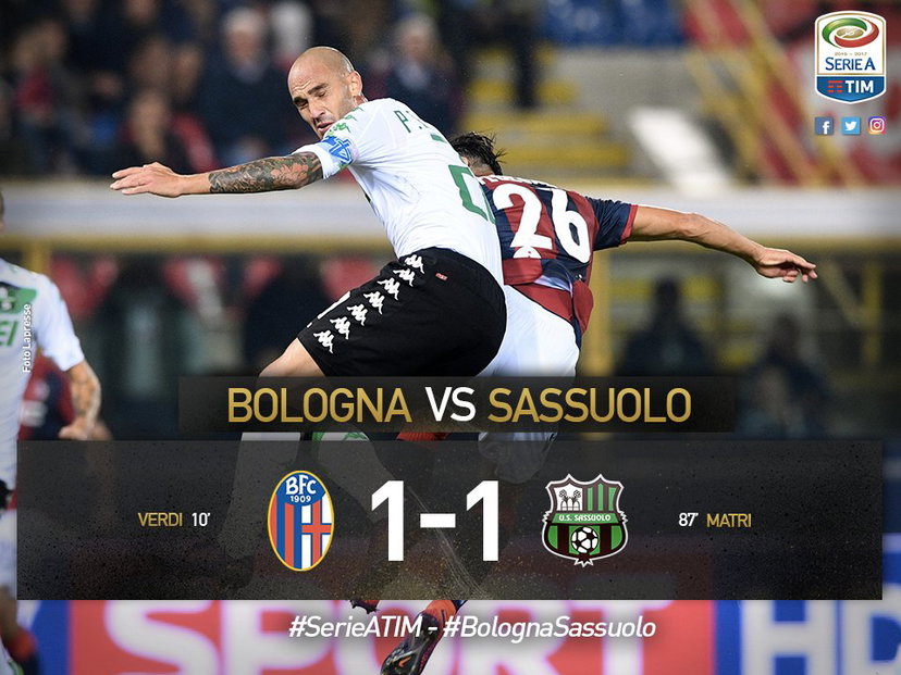 Serie A: Bologna-Sassuolo 1-1, super Verdi e Matri firmano il derby emiliano preview
