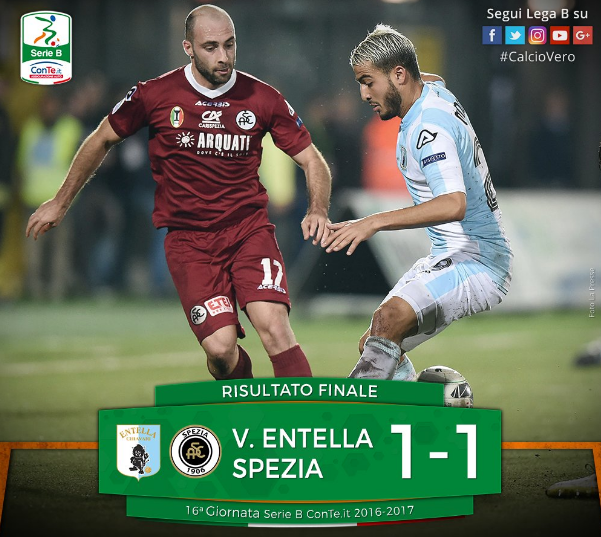 Serie B: Virtus Entella-Spezia finisce 1-1, Troiano risponde a Valentini article-post