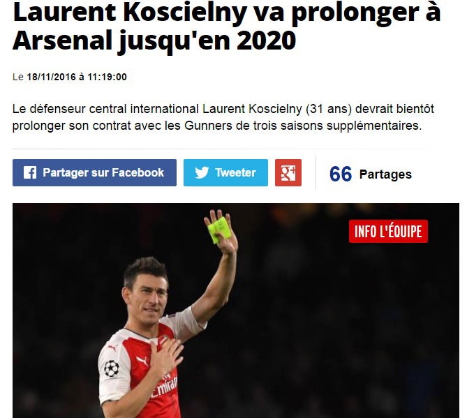 L’Equipe: Arsenal-Koscielny, vicino il rinnovo fino al 2020 preview