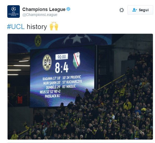 A Dortmund riscritta la storia della Champions League: 12 gol in Borussia-Legia, è record! preview