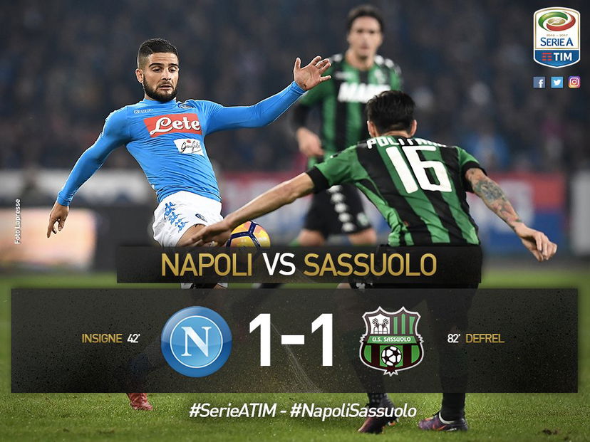 Serie A: Napoli-Sassuolo 1-1, Defrel risponde a Insigne preview