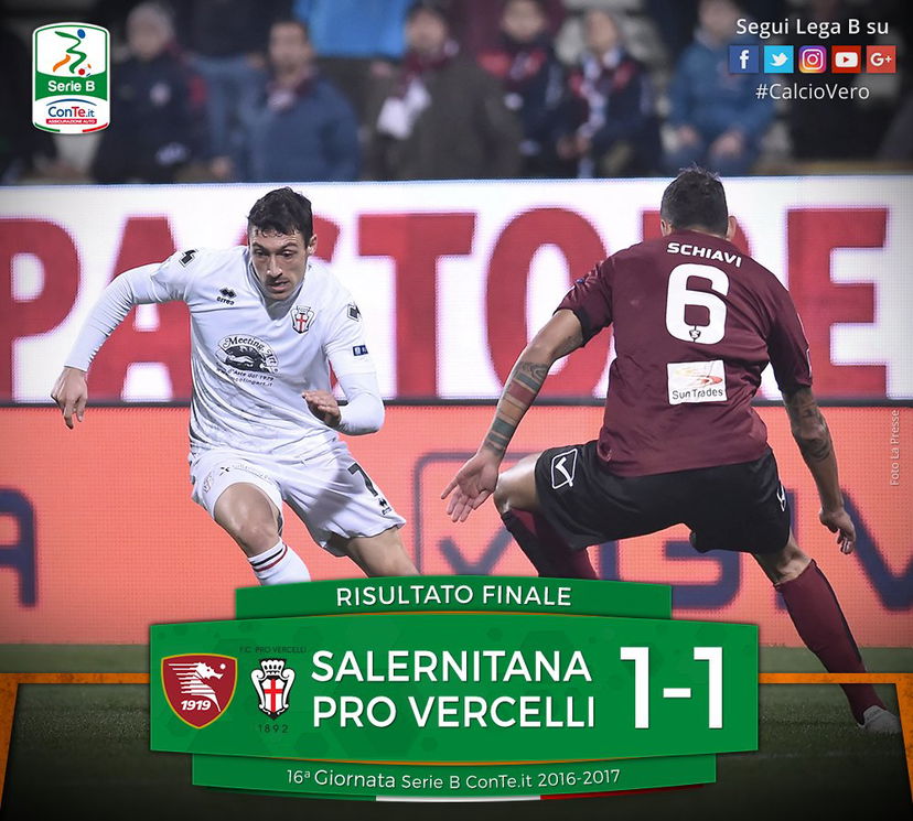 Serie B: Salernitana-Pro Vercelli 1-1, a Donnarumma replica Sprocati preview