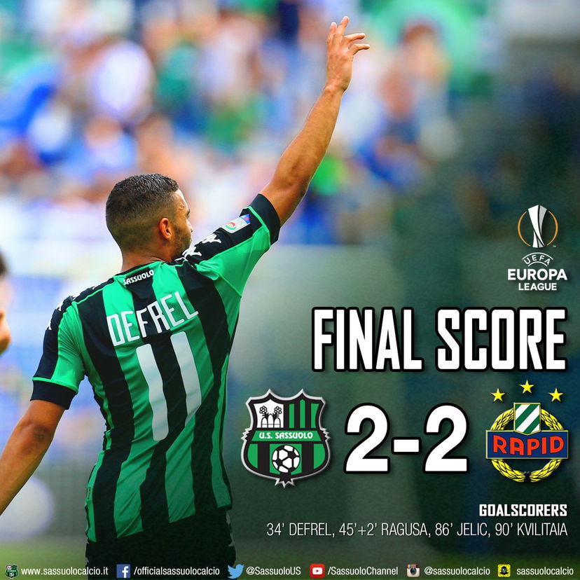 Altra beffa viennese: stavolta la vittima è il Sassuolo. Il Rapid rimonta due gol nel finale, parità al Mapei Stadium preview