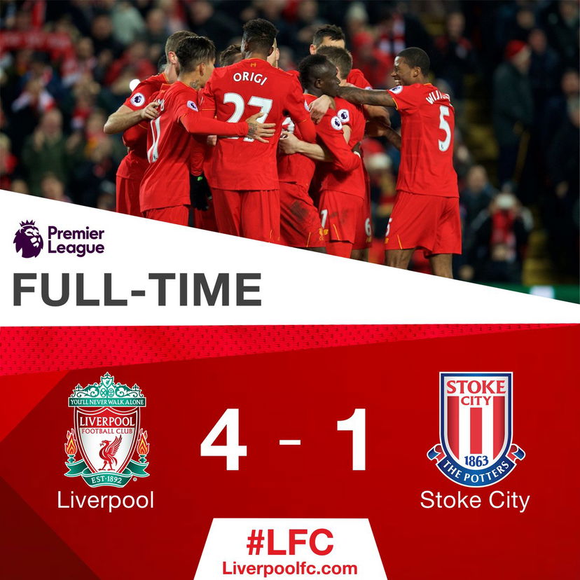 Premier League: il Liverpool cala il poker allo Stoke e resta a meno 6 dal Chelsea preview