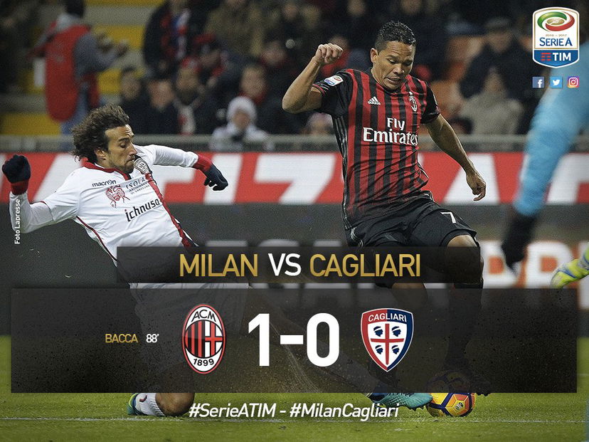Serie A: Bacca torna al gol e il Milan vince, Cagliari beffato al fotofinish preview