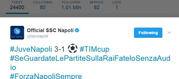 Il Napoli attacca su Twitter: “Partite alla Rai da guardare senza audio” preview
