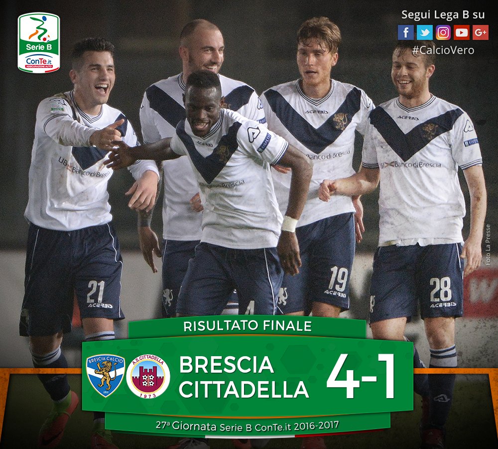 Serie B: prima gioia del 2017 per il Brescia, secco 4-1 al Cittadella article-post