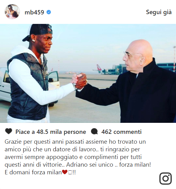 Balotelli saluta Galliani: “Ho trovato un amico, non un datore di lavoro. Sei unico, forza Milan!” preview