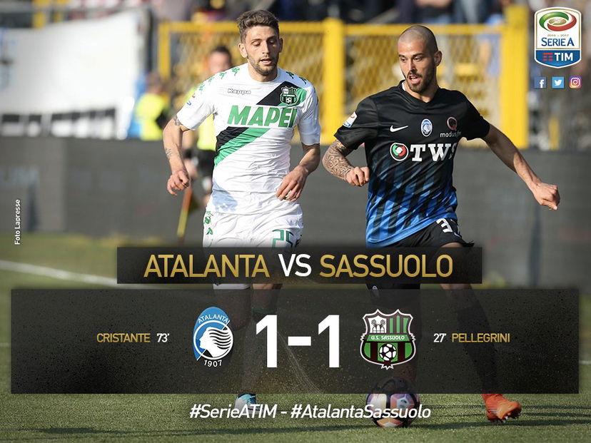 Serie A: il Sassuolo frena la corsa dell’Atalanta, a Pellegrini risponde Cristante preview