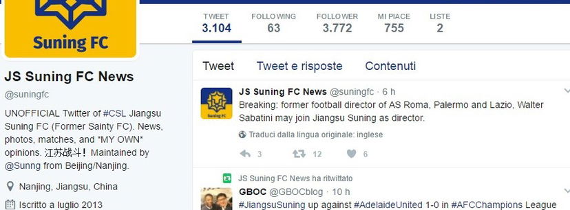 Suning si affida a Sabatini: in Cina lo avevano scritto 6 ore fa. Ecco il tweet preview