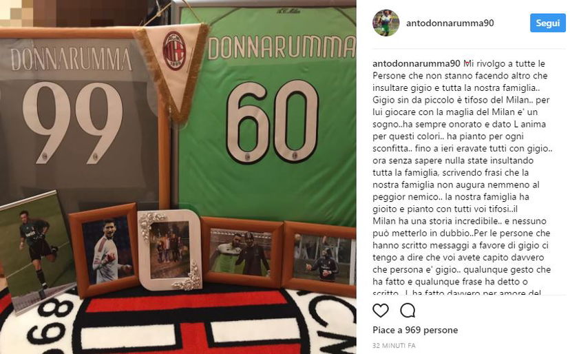 Il fratello di Donnarumma: “Non insultate la mia famiglia, Gigio ha dato l’anima per il Milan” preview