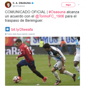 Berenguer annuncio cessione Torino Osasuna Twitter