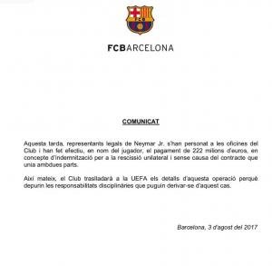 Comunicato Barcellona Neymar clausola
