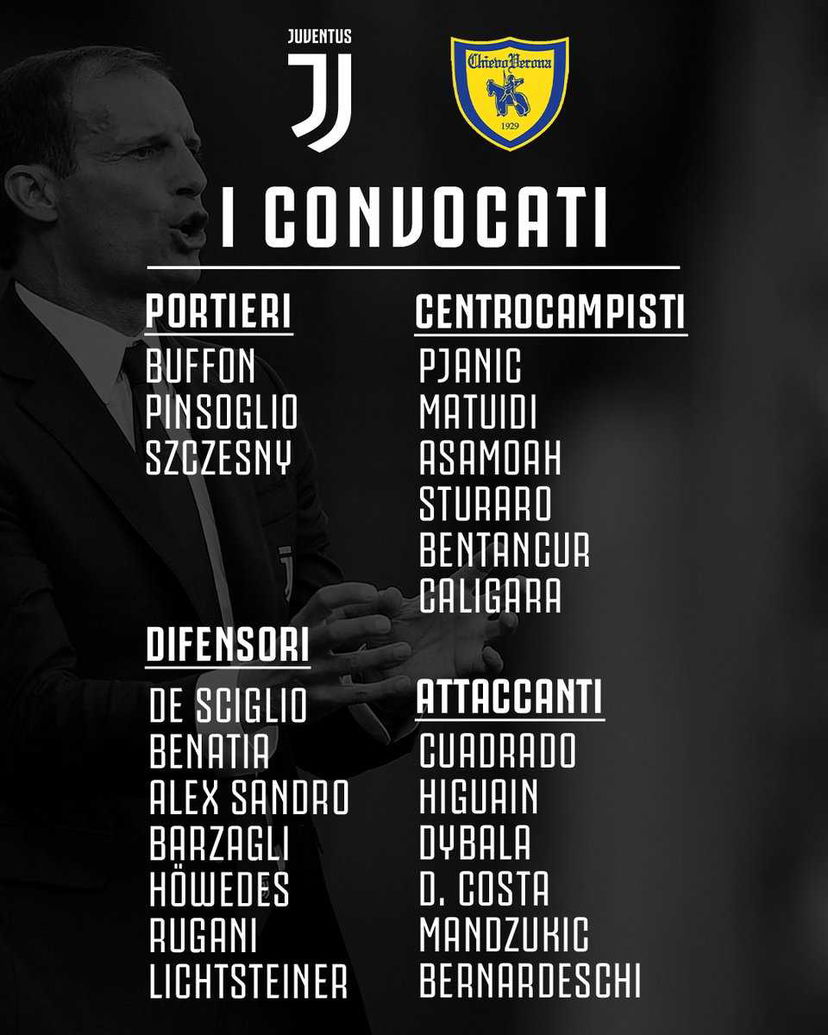 Juve, i convocati di Allegri per il Chievo: out Chiellini e Khedira preview