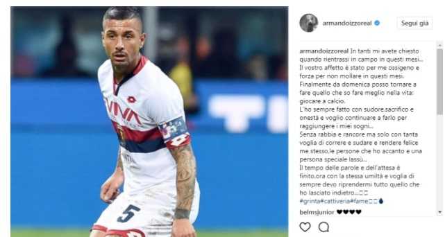 Genoa: squalifica annullata, Izzo da domenica a disposizione. Il post su Instagram preview