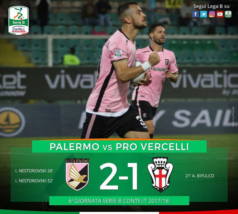 Serie B: Palermo-Pro Vercelli 2-1, decide in rimonta un doppio Nestorovski preview