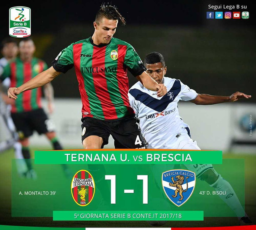 Serie B: Ternana-Brescia 1-1, botta e risposta tra Montalto e Bisoli preview