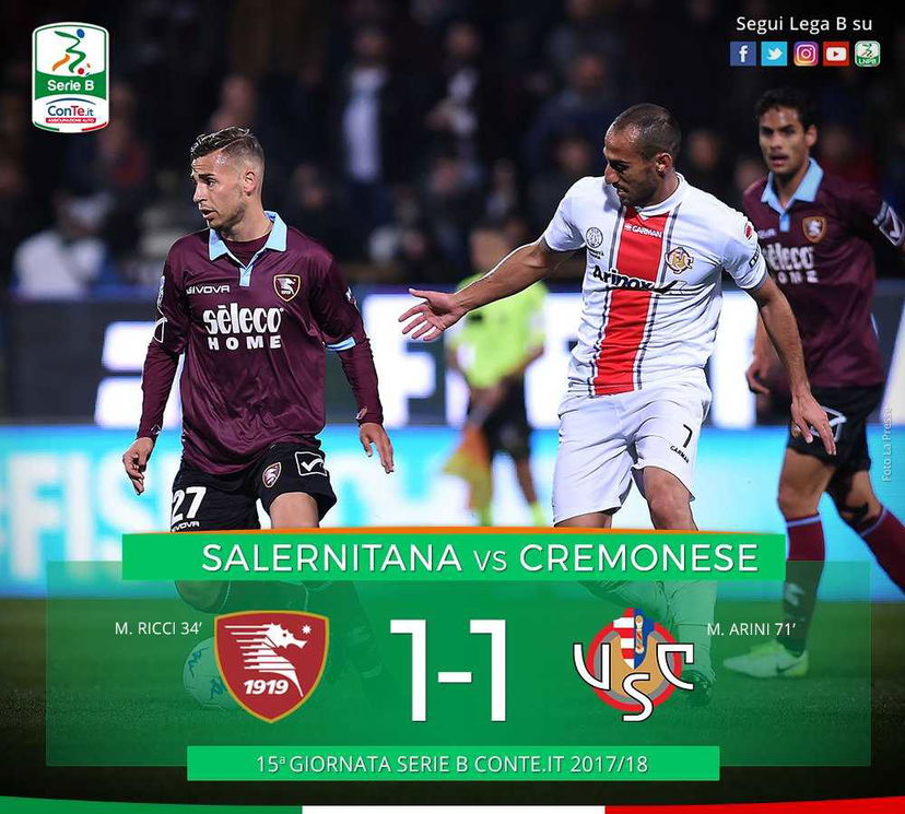 Serie B: Salernitana-Cremonese 1-1, Arini risponde a Ricci preview