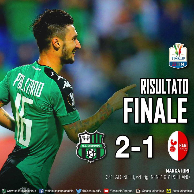Coppa Italia: il Sassuolo vola agli ottavi, Politano piega il Bari al 93′ preview