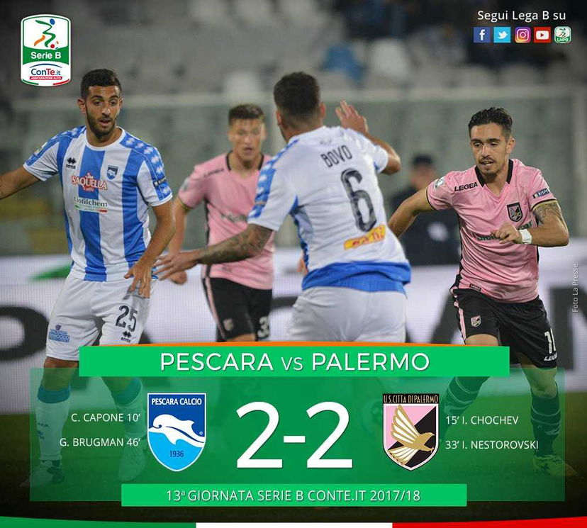 Serie B: pari spettacolo all’Adriatico, Pescara-Palermo finisce 2-2 preview