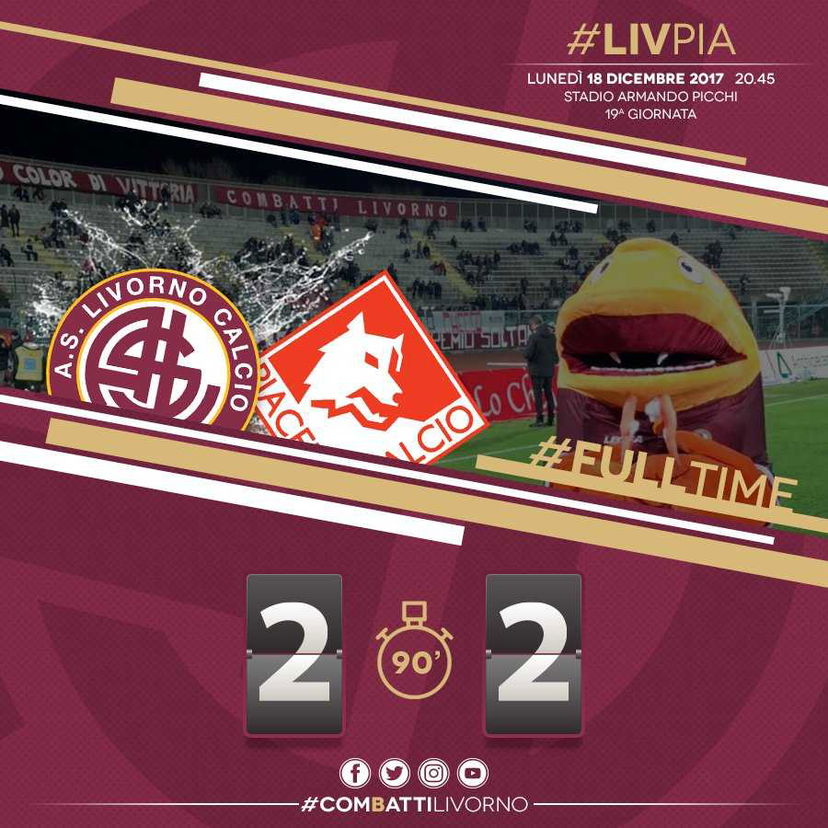 Serie C, girone A: la capolista Livorno fermata in casa dal Piacenza, all’Ardenza finisce 2-2 preview