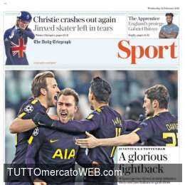 Daily Telegraph prima pagina Juve Tottenham