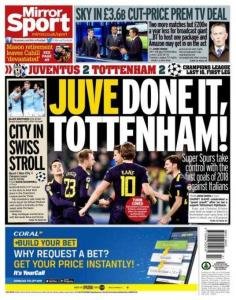 Mirror prima pagina Juve Tottenham