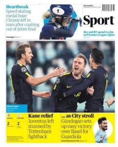 The Guardian prima pagina Juve Tottenham