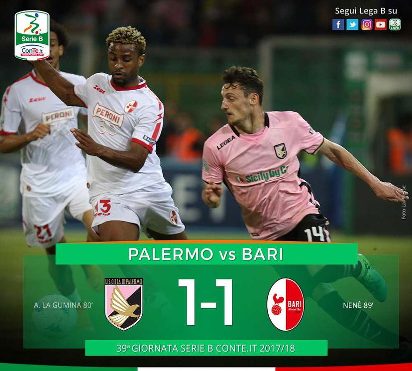 Serie B: Nené risponde a La Gumina, Palermo-Bari è 1-1. Espulsi Marrone e Henderson preview