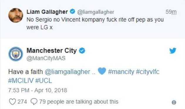 Aguero e Kompany out, Liam Gallagher manda a quel paese Guardiola. Il City: “Abbi fede” preview