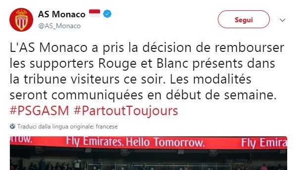 Monaco umiliato dal Psg: la società rimborserà il biglietto ai tifosi. Il tweet article-post