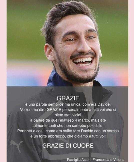 Famiglia Astori: “Vi diciamo grazie con un sorriso e un forte abbraccio, come faceva Davide” article-post