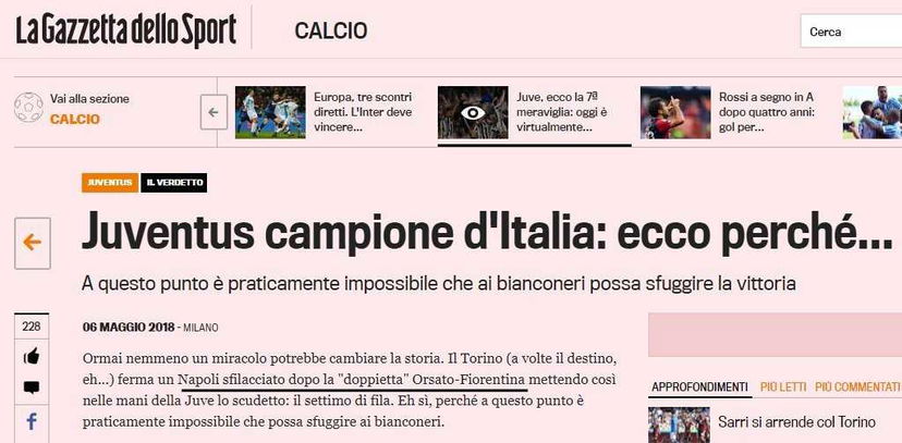 La Gazzetta stuzzica la Juve: “Napoli sfilacciato dopo la doppietta Orsato-Fiorentina”. Ma poi… preview