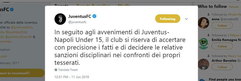 Cori dell’under 15 al Napoli: la Juventus si riserverà di sanzione i giovani tesserati. Ecco il tweet preview