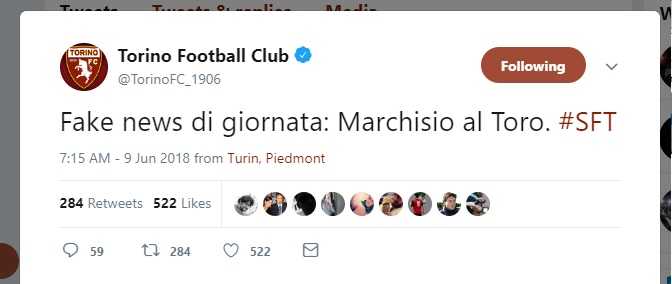 Torino, un tweet per smentire l’interesse per Marchisio: “Fake news di giornata” article-post